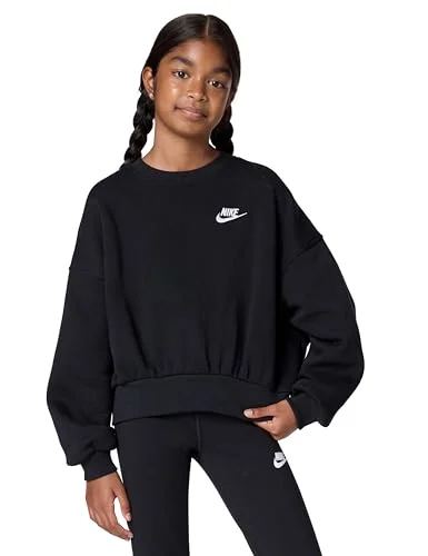 Nike Girls Sportswear Club Fleece Boxy Crew-Neck Sweatshirt, Black/White, Large