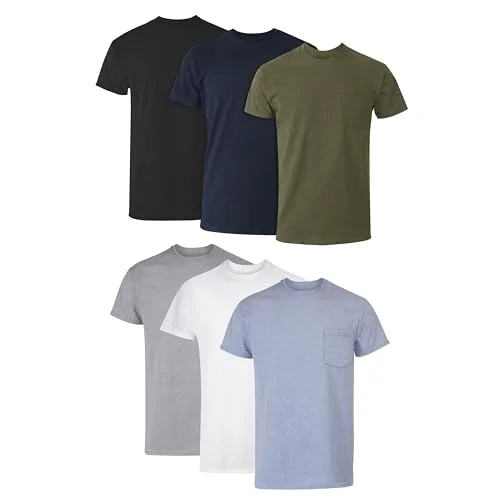 Hanes Men's T-Shirt, 6-Pack Moisture-Wicking Cotton Crewneck Pocket Tees - Grey Heather, Black, White, Navy, Blue Heather