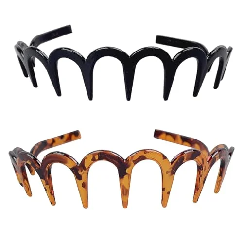 2025 New U Shape Fashion Tooth Hair Comb Headband 2PCS Reversible Korean Headbands with Teeth for Women Gifts for Teen Girls (Amber+Black)