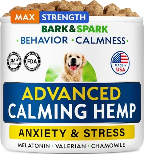 BARK&SPARK Advanced Calming Chews for Dogs - Hemp Chew + Melatonin - Anxiety Relief - Sleep Aid - Relaxing Treats - Stress Relief During Fireworks, Storms, Thunder, Barking - 60Ct