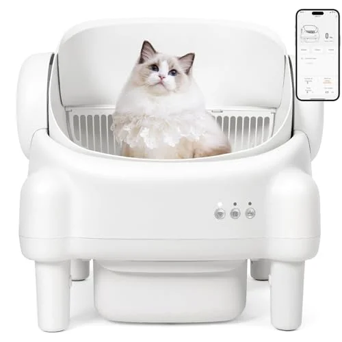 Paruuntys Self Cleaning Litter Box - Open Top Automatic Litter Box with App Control for Multiple Cats, Safety Sensors Protection, Odor Control Includes 2 roll Liners, Large Waste Bin, Cream White