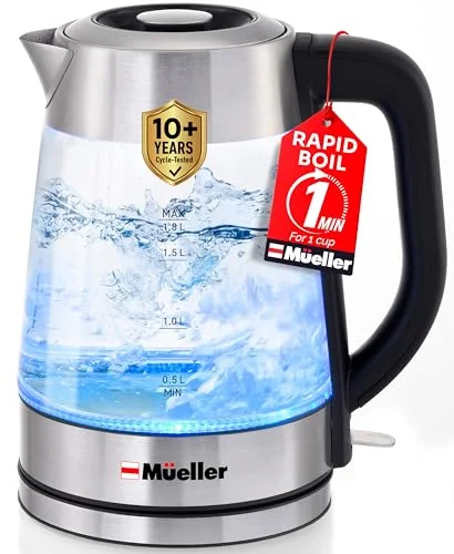 Mueller RapidBoil Electric Kettle 1.8L – Borosilicate Glass & Stainless Steel – BPA-Free Tea Kettle, LED Light, Auto Shut-Off, Boil Dry Protection Water Heater – Fast Heating