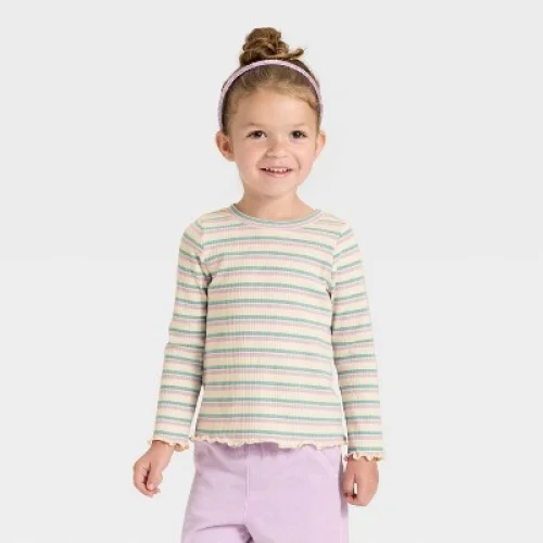 Toddler Girls' Long Sleeve Striped Ribbed T-Shirt - Cat & Jack™ Ivory 3T