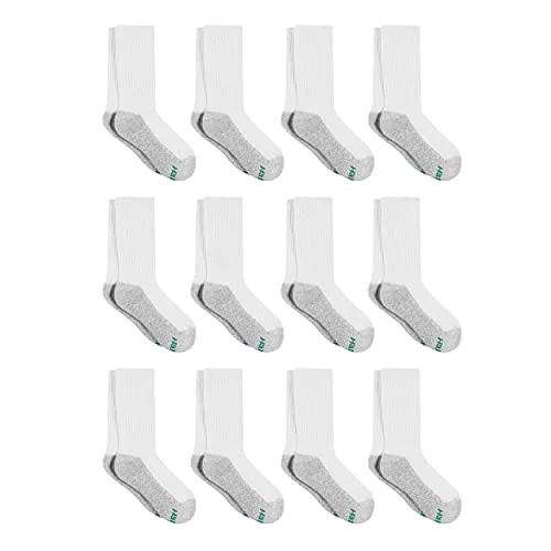 Hanes Boys Socks, Double Tough Cushioned Crew 12-pair Packs, White/Grey Bottom, Large US