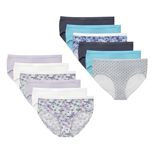 Hanes Big Brief Underwear, 12-Pack Assorted Girls' Stretch Cotton Panties - White, Purple, Blue, Grey, Floral, Dot, Tie-dye Prints