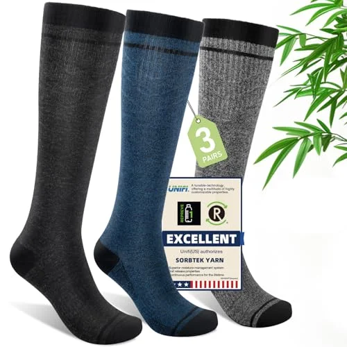Iambamboo Mens Compression Socks (3 Pairs) - 15-20 mmHg Bamboo Knee High Socks - L/XL (Dark Gray, Steel Blue, Light Gray)