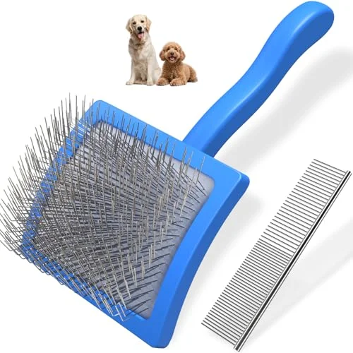 2PCS Slicker Brush for Dogs & Pet Comb (Blue Large) - Professional Dog Grooming Brush with Extra Long Pins