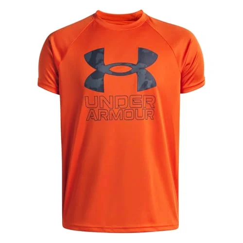 Under Armour Boys' Tech Hybrid Print Short Sleeve T Shirt, (844) Orange Base / / Washed Navy, Medium