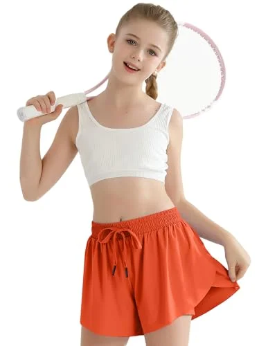 Girls Butterfly Shorts Orange Athletic Short with Pockets for Workout, Fitness, Sports Size 7