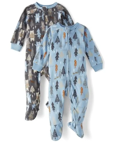 2-Pack Children's Place Baby Boys' Fleece Zip-Front Footed Pajamas, Forest Bear, Size 3T