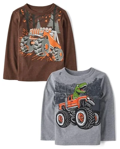 2-Pack Children's Place Baby Boys' and Toddler Dino Long Sleeve Graphic T-Shirts, 4 Years