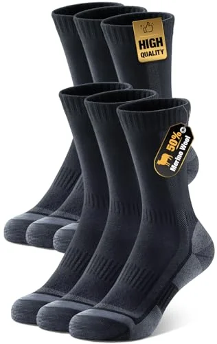 PULIOU Merino Wool Hiking Socks for Men & Women, 3 Pairs Cushioned Moisture Wicking Crew Socks, Breathable Lightweight Boot Socks for Hiking, Camping, Outdoor Activities-L