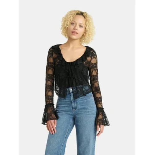 No Boundaries Cascade Ruffle Tie Front Lace Top with Bell Sleeves, Women's