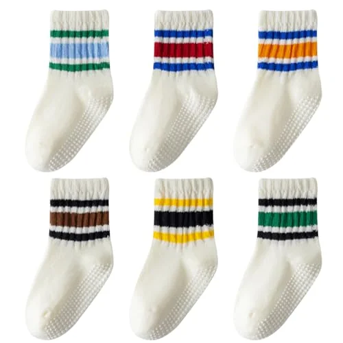 6 Pairs Wamvp Toddler Grip Socks, Unisex Baby Retro Stripe Cotton Socks for Girls and Boys, 1-3T