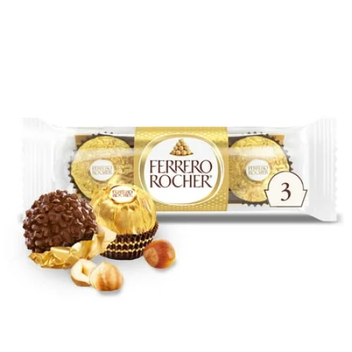 3 Count Ferrero Rocher Premium Gourmet Milk Chocolate Hazelnut Candy, Individually Wrapped