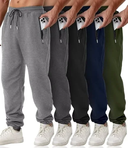5 Pack Men's Sweatpants with Zipper Pockets Athletic Joggers Warm Slim Fit Track Workout Running Pants
