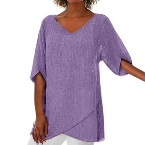 Women's Summer Irregular Solid Top Blouse - Polyester, V-Neck, Multiple Sizes Available