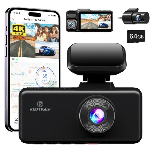 REDTIGER F17 4K Dash Cam 5G WiFi 3 Channel, Front and Rear Inside, with 64GB SD Card