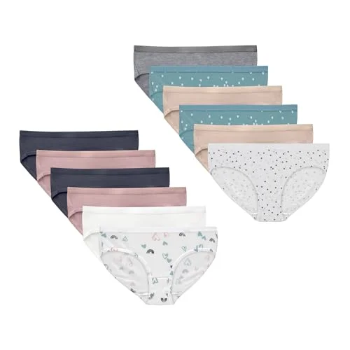 12-Pack Hanes Big Hipster Underwear for Girls - Assorted Colors and Prints - Grey, Pink, Nude, White