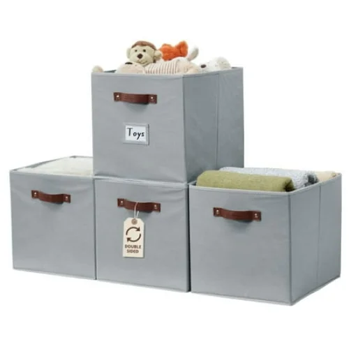 Set of 4 DECOMOMO Large Cube Storage Bins, Fabric Organizing Cubes, Grey