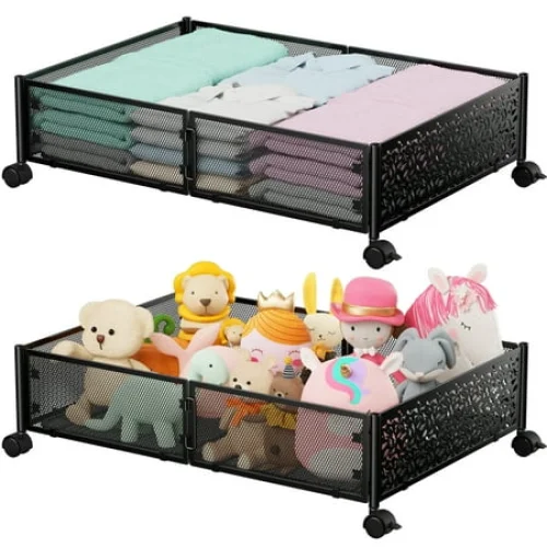 2 Pack Foldable Under Bed Storage Containers with Wheels for Clothes, Shoes, and Blankets - Black