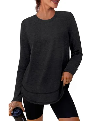 Women's Long Sleeve Workout Tops with UV Sun Protection, Rash Guard, Moisture Wicking, Pilates Outfits, Black, L