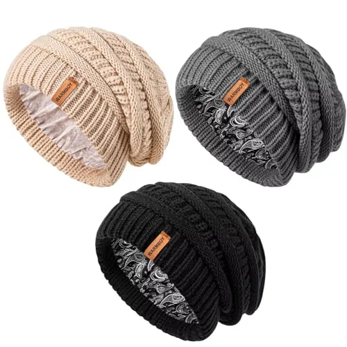 3 Pack Satin Lined Winter Beanie Hats, Silk Lined Soft Cable Knit Chunky Slouchy Beanie for Women Men