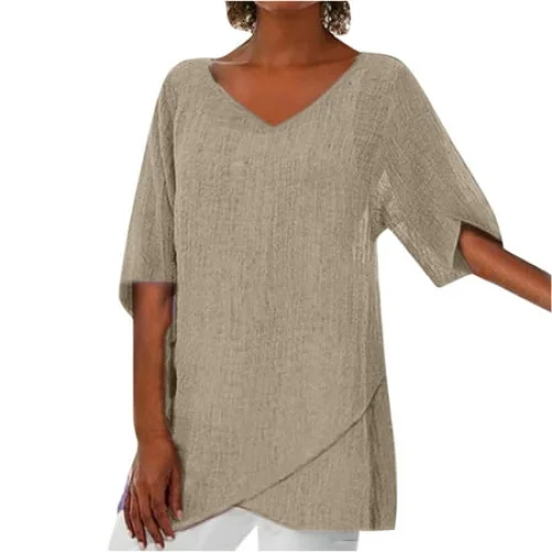 Women's Summer Irregular Solid Top Blouse - Polyester, V-Neck, Half Sleeve, Multiple Sizes