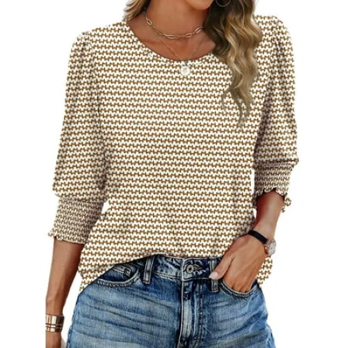 Fantaslook Blouses for Women Dressy Casual 3/4 Length Sleeve Tops with Smocked Cuffs Fashion Shirts