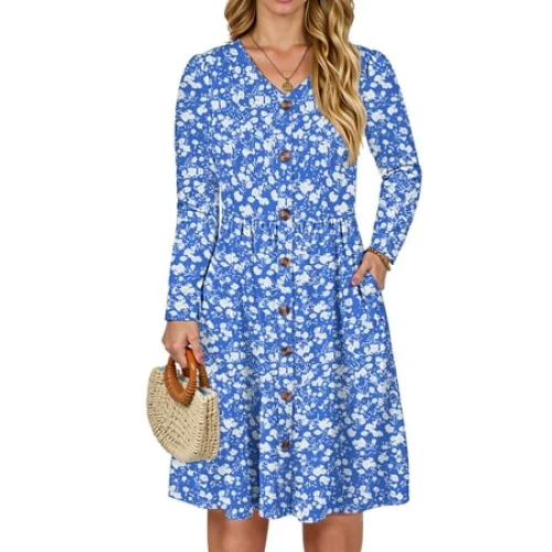 Fantaslook Long Sleeve Floral Midi Dress with Pockets for Women - V Neck Fall Casual Dress