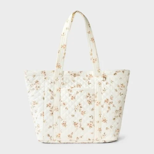 Soft Quilted Tote Bag - Universal Thread™ Ivory with White Dot Floral Pattern