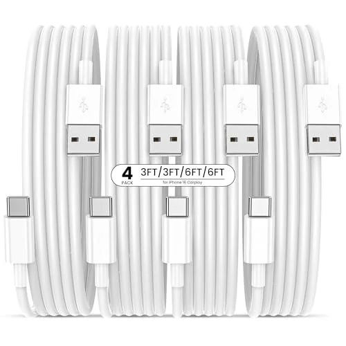 4-Pack USB to USB C Cable with CarPlay, 3FT & 6FT Charging Cords for iPhone 17/16/15, Pixel, Galaxy, Note