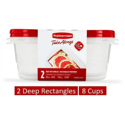 2 Pack Rubbermaid TakeAlongs 8 Cup Red Plastic Deep Rectangle Food Storage Containers