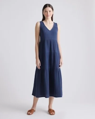 Quince Women Cotton Gauze Tiered Maxi Dress Blue M