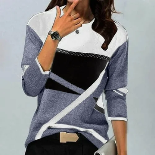 Women's Fashion Casual Long Sleeve Contrast Color T-Shirt Blouse - Sizes S-XXL