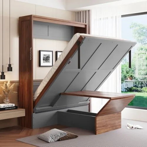 Full Size Murphy Bed with Foldable Desk - Space Saving Wall Bed - Walnut & Gray