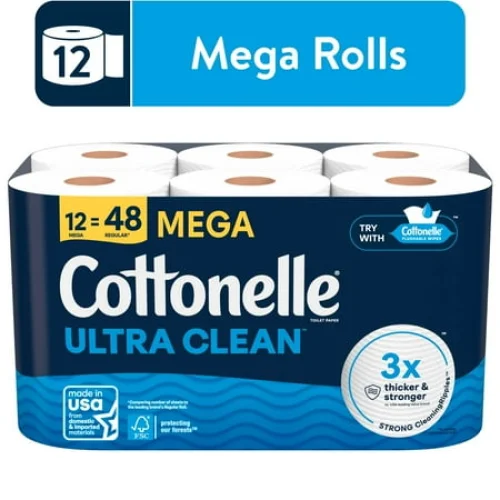 12 Mega Rolls Cottonelle Ultra Clean Toilet Paper, Strong Tissue with CleaningRipples for Enhanced Cleanliness