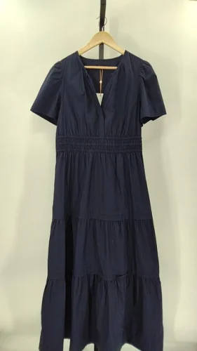 Quince Women's Cotton Poplin Tiered Maxi Dress Navy Basic Sleeved L