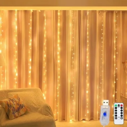 Curtain String Lights with USB Remote, Orange Copper Wire, 8 Patterns, Adjustable Brightness, 3x3m