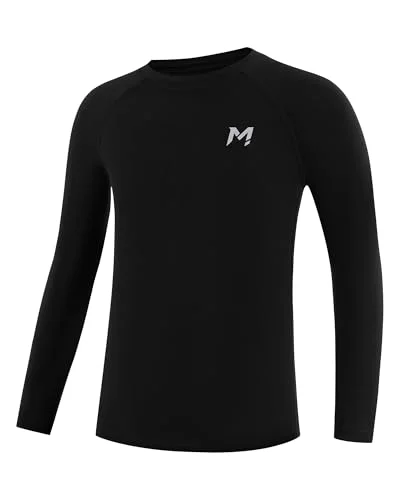 Moozava Youth Compression Shirt Boys Long Sleeve Football Undershirt Quick Dry Soccer Base Layer Athletic Tops Black M