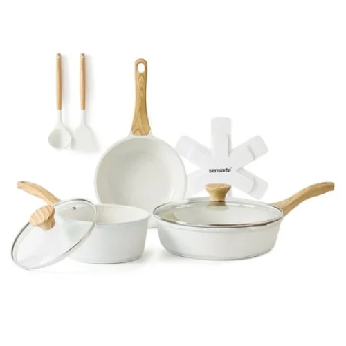 10Pcs SENSARTE Ceramic Nonstick Pots and Pans Set with Pots Protectors, Induction Kitchen Cookware Sets White
