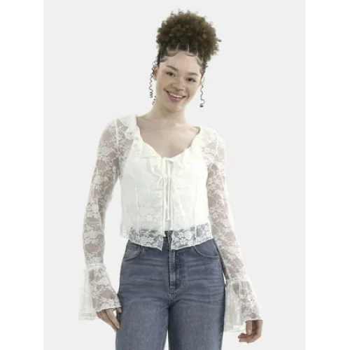 No Boundaries Cascade Ruffle Tie Front Lace Top with Bell Sleeves, Women's