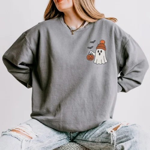 Womens Lightweight Garment Dyed Sweatshirt with Embroidered Beanie Ghost Design