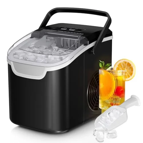 Countertop Ice Maker Machine - 8 Ice Cubes in 6 Mins, 26lb/Day, 2 Sizes, Portable, Black