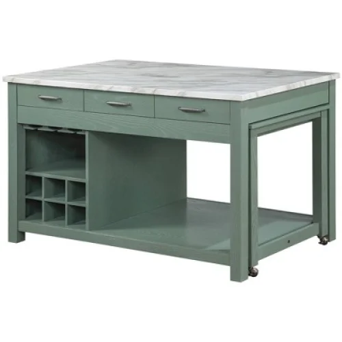 Extendable Kitchen Island with Faux Marble Green - Rubberwood & Manufactured Wood - 60-104 in. L