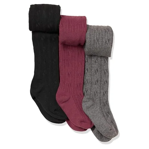 3-Pack of Amazon Essentials Girls' Cable Knit Tights, Burgundy/Black/Charcoal Grey Heather, Medium