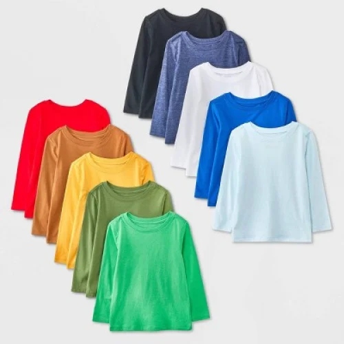 10pk Toddler Boys' Long Sleeve Solid T-Shirt - Cat & Jack™ - 12M - Jersey Fabric