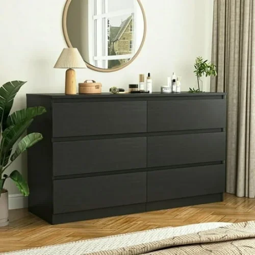 Kadyn Modern 6 Drawer Dresser Wood Cabinet, Bedroom Storage, Kitchen Cabinet, Chest of Drawers (Black)