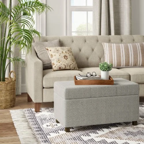 Essex Double Storage Bench Linen - Threshold™ - Upholstered Bench with Hinged Seat and Wooden Legs