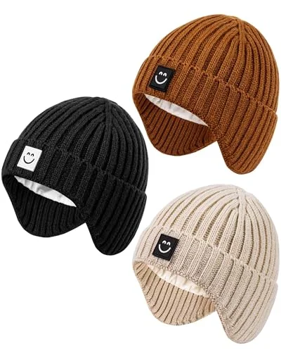 3 Pack Baby Beanie Hats with Earflaps, 2 Size Winter Hat for Newborn Infant Toddler Kids